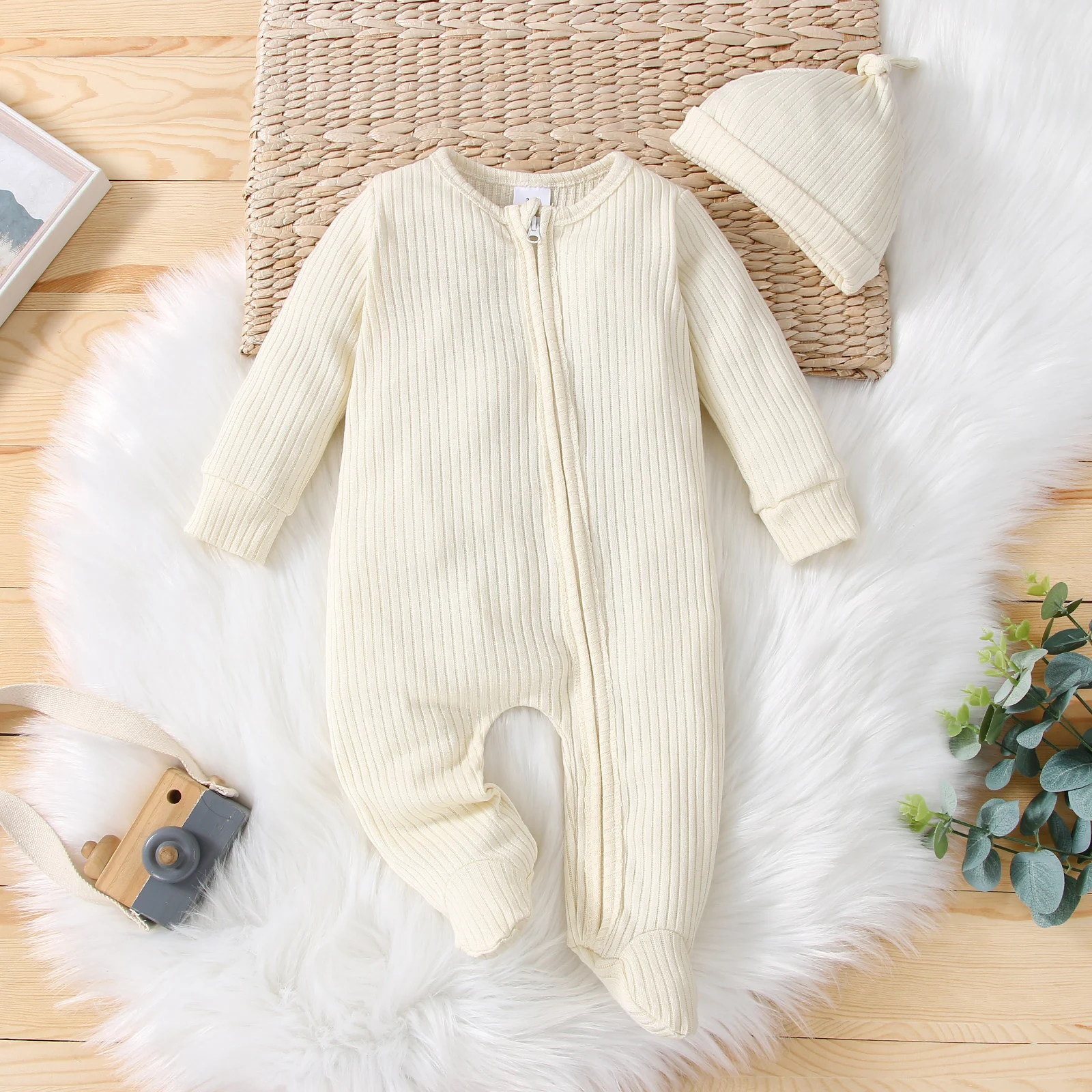 2021 0-24M Infant Baby Girl Boy Jumpsuit Autumn Casual Solid Color V Neck Zipper Long Sleeve Knitted Wrapped Romper+Hat 2pcs Cotton baby suit
