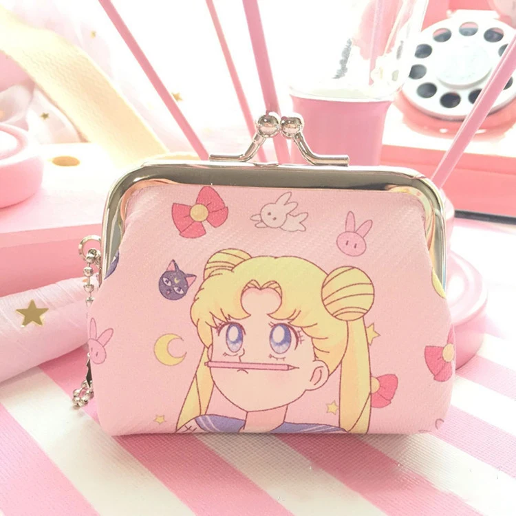 Cute Anime Sailor Moon Cosplay Pink Mini Wallet Key Bag Coin Case Snap Purse Pouch Stuffed Dolls Plush Toy Prop Fans Gift