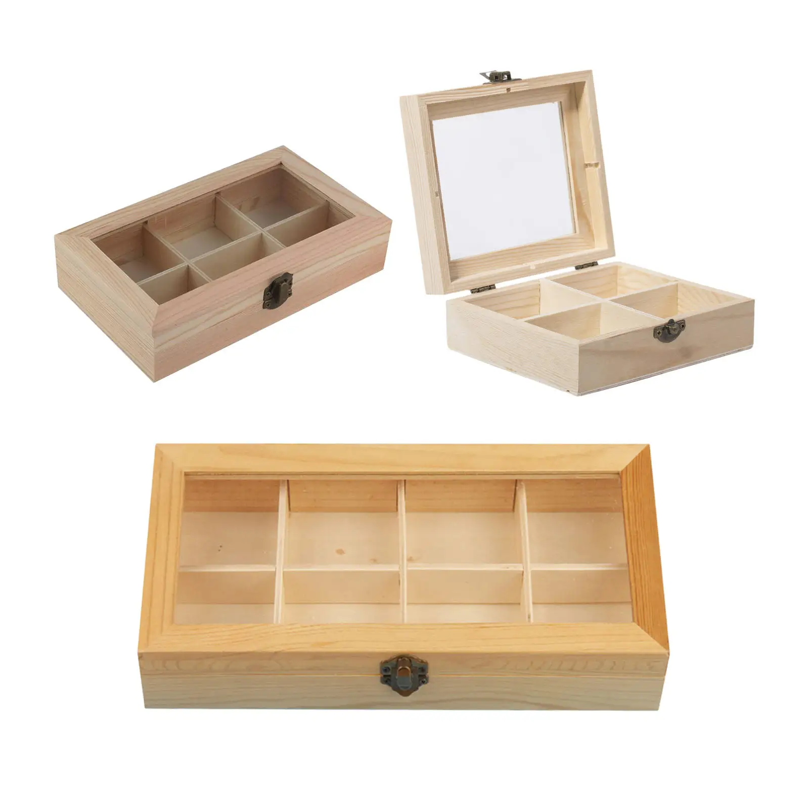 Coffee Storage Box Organizer Wooden Tea Box with 4/6/8-Compartment and Glass Window Tea Coffee Display Case Tea Bag Chest