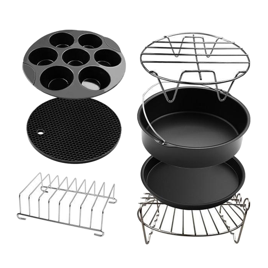 7pcs Air Fryer Accessory Kit Silicone Mat 8inch Pizza Pan Metal Holder