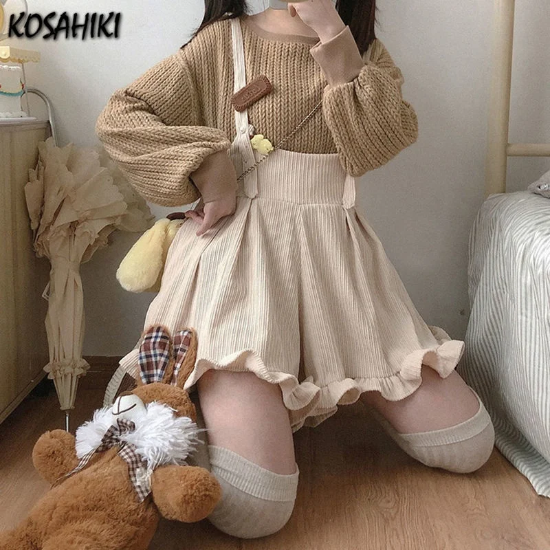 denim shorts KOSAHIKI Japanese Kawaii Strap Shorts Women Corduroy Ruffle Solid Short 2022 Cute Lolita Overalls Chores Para Mujer online clothes shopping