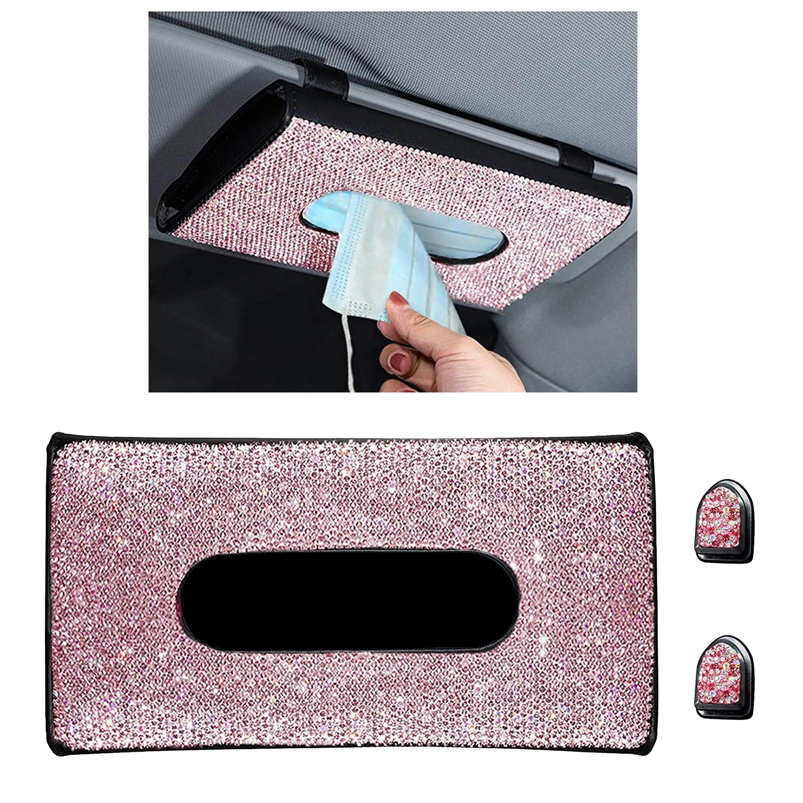 Bling Bling Car Tissue Box Holder for Sun Visor, Truck Sun Visor Tissues Napkin Storage Box with Crystal Diamonds Glitter