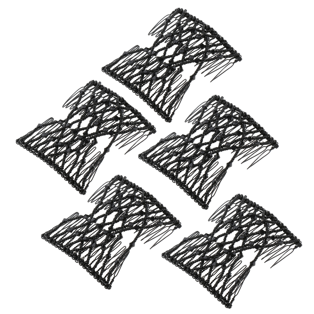 5pcs Black Stretch Flower Hairpin Bow Glass Bead Hair Head Comb Double Clips