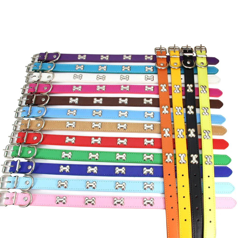 New PU Leather Bone Pet Collar Cat Necklace Dog Leash Accessories Dog Collar Outdoor Dog Training Adjustable Size 16 Colors