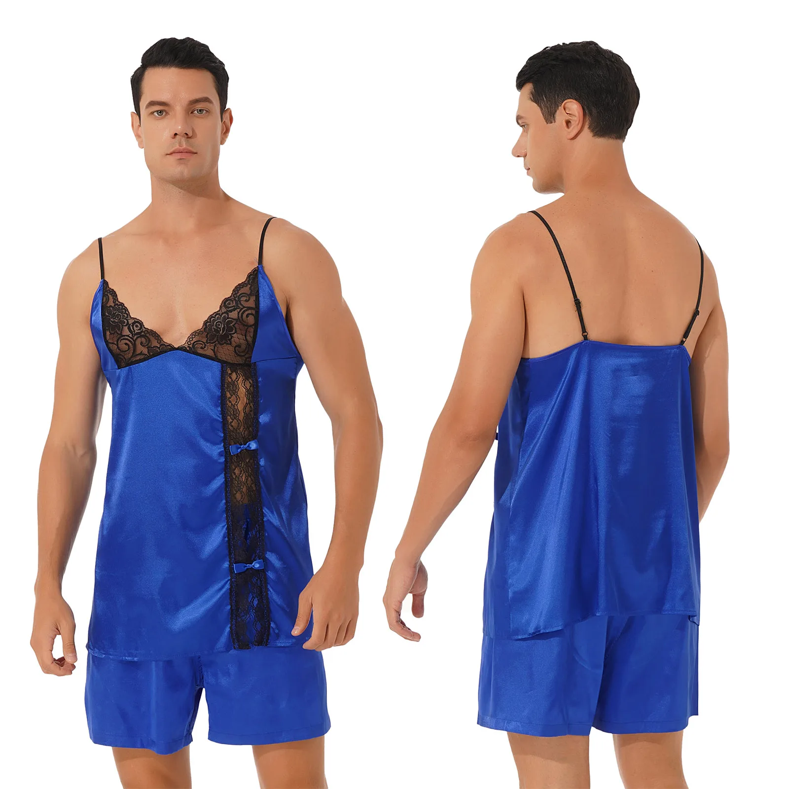 mens pajama bottoms Men Satin Pajama Set Sissy Sleepwear Adjustable Spaghetti Shoulder Strap V Neck Lace Trim Vest with Button Shorts Set Homewear mens pyjama tops