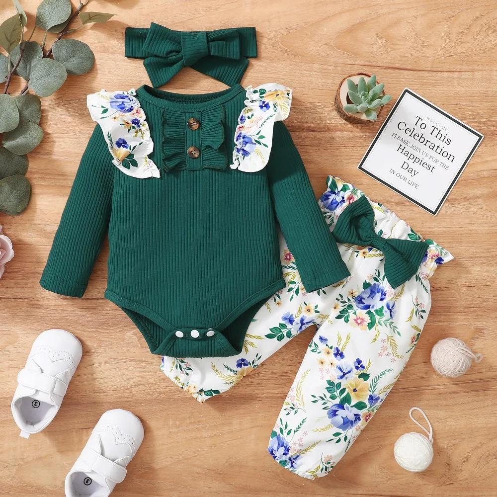 Newborn Girl Clothes Set Ruffle Patchwork Baby Clothes Toddler Outfits Baby Bodysuit + Bow Pants + Headband Infant Kids Clothing baby dress and set