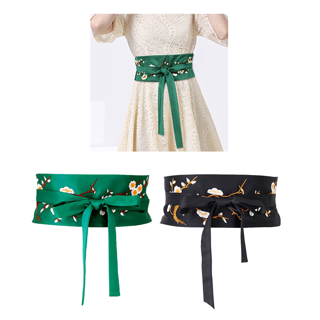 Vintage Style Embroidered Flower Pattern Waistband Obi Belt Corset Belt with Self Tie Long String for Special Dress