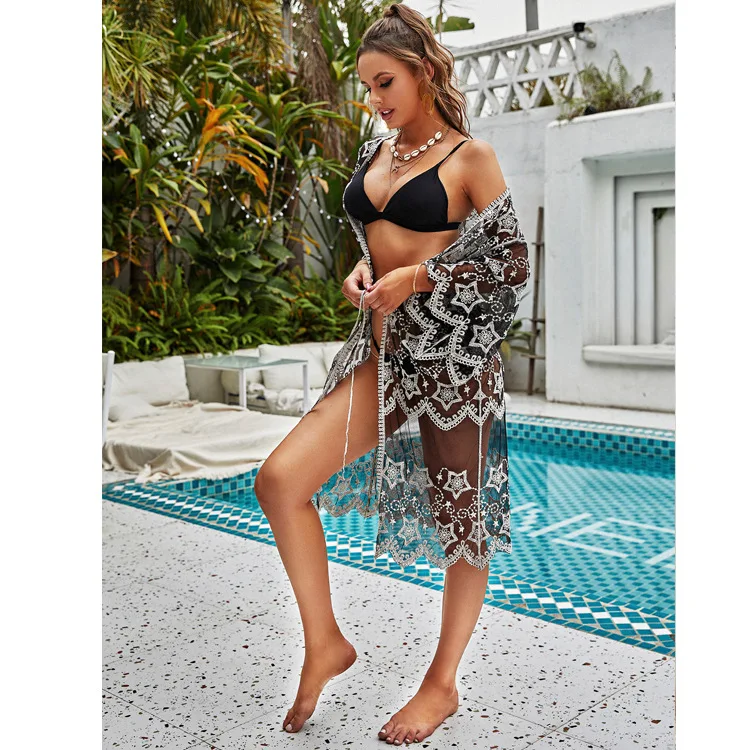 lace bathing suit cover up ZY New Fashion Cover Up Summer Thin Loose Lace Shirt Temperament Beach Bikini Blouse Star Hollow Chain Shading Shirt Mid-length sheer bathing suit cover up