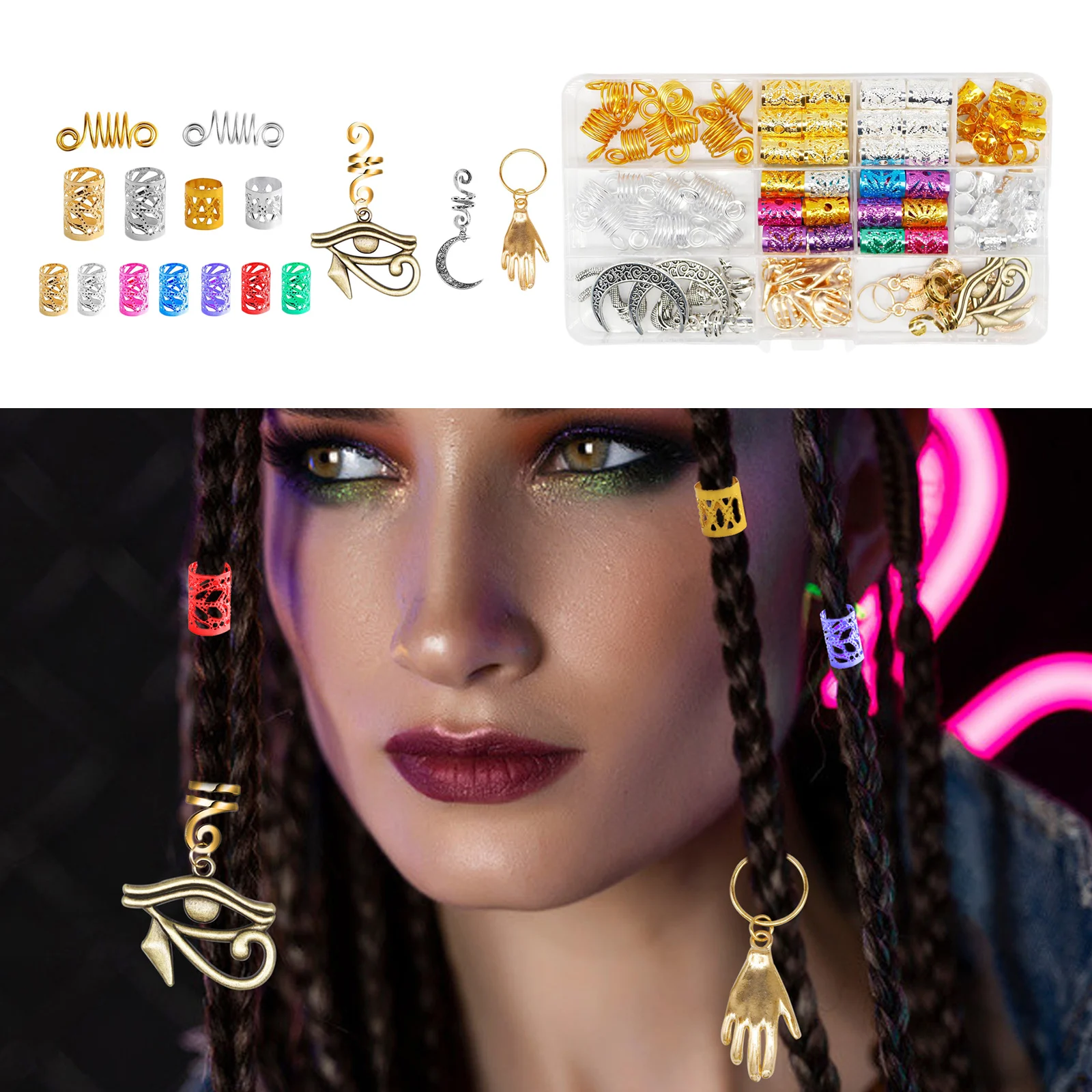 111Pcs/Set Colors Mixed Hair Braid Cuff Clips Tubes Jewelry Decoration Hair Braid Cuff Dreadlocks Hair Metal Beads Jewels Charms