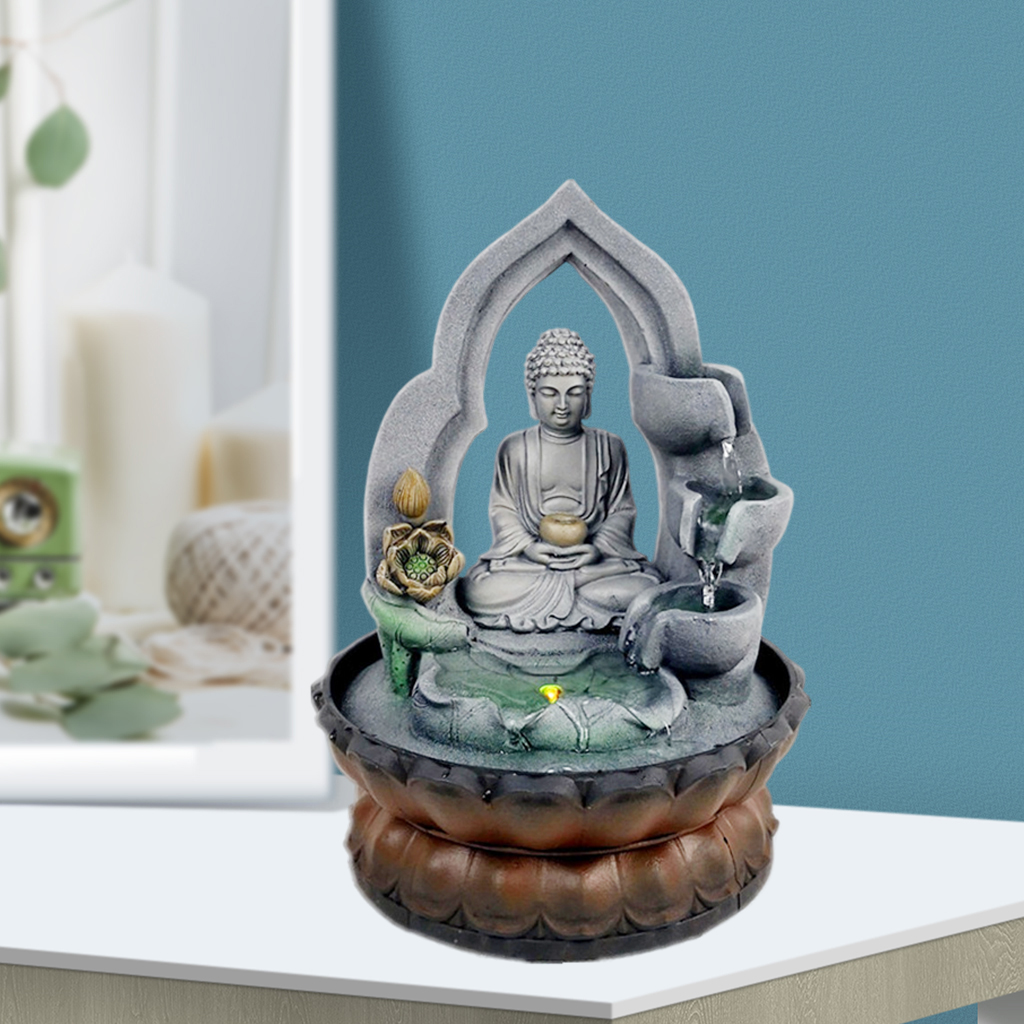 Resin Buddha Tabletop Waterfall Zen Fountain Desktop Tea Table Decoration Relaxation Ornament for Home, Office, Bedroom