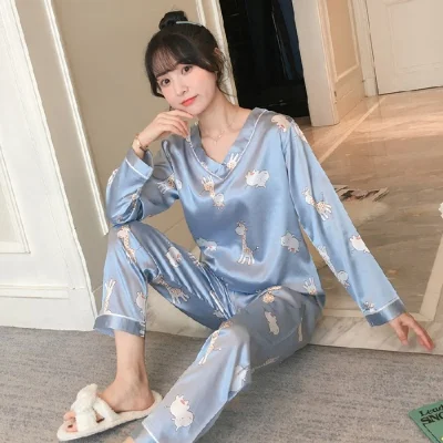 ladies pajama WAVMIT Long Sleeve Pajamas Silk Set 2 Pcs Women Sleepwear Shirt Nightwear for Women  Top Pant Home Wear Young Girl Pyjamas silk pajamas
