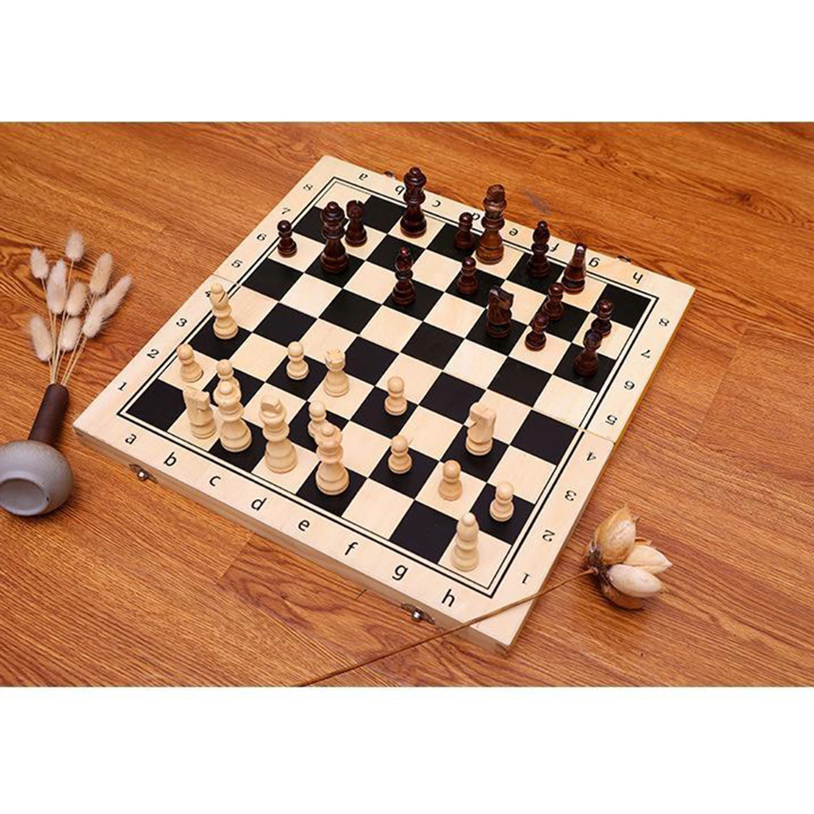Wooden Folding Magnetic Chess Board Set 29x29cm Interior Storage Family Game handmade antique style