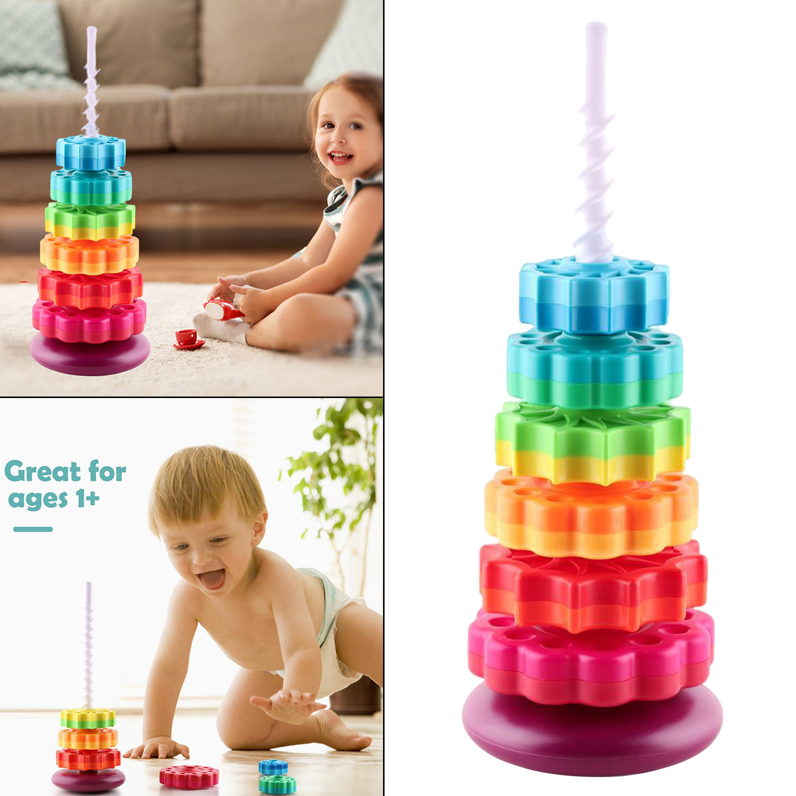 Plastic Rainbow Tower Stacking Toy Shape Color Recognition Building Blocks