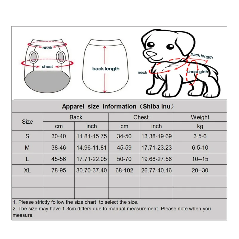 Una tabla de tallas de ropa para mascotas, específicamente para perros. Incluye medidas de longitud de espalda, pecho y peso, que se utilizan para determinar el tamaño adecuado para un perro.