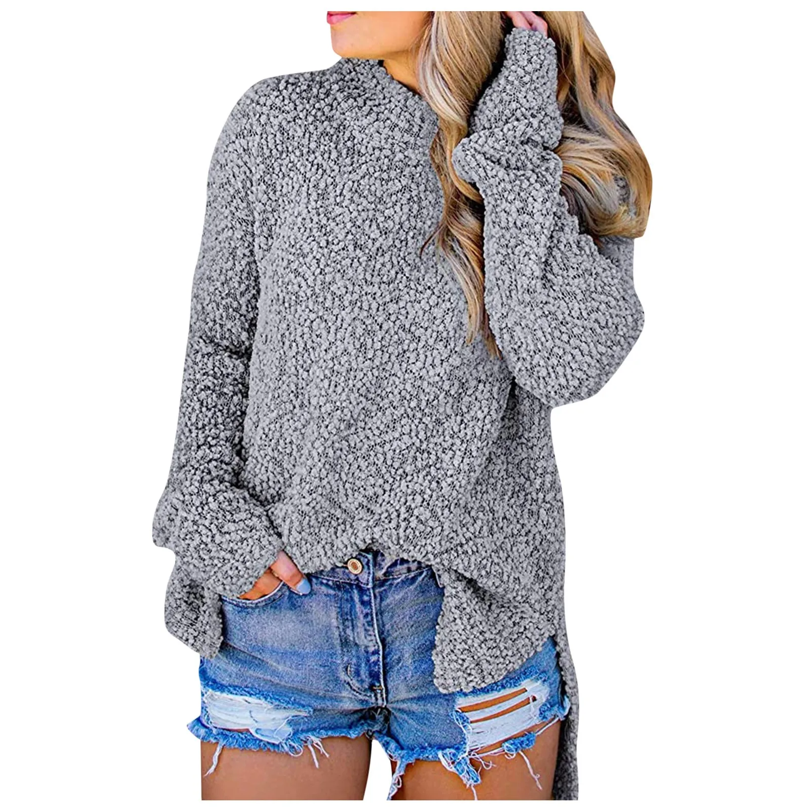 Autumn Women's Hoodie Y2k Fuzzy Knitted Sweater Sherpa Fleece Side Slit  Full Sleeve Jumper Outwears Designer Coat Plus Size #25|Pullovers| -  AliExpress
