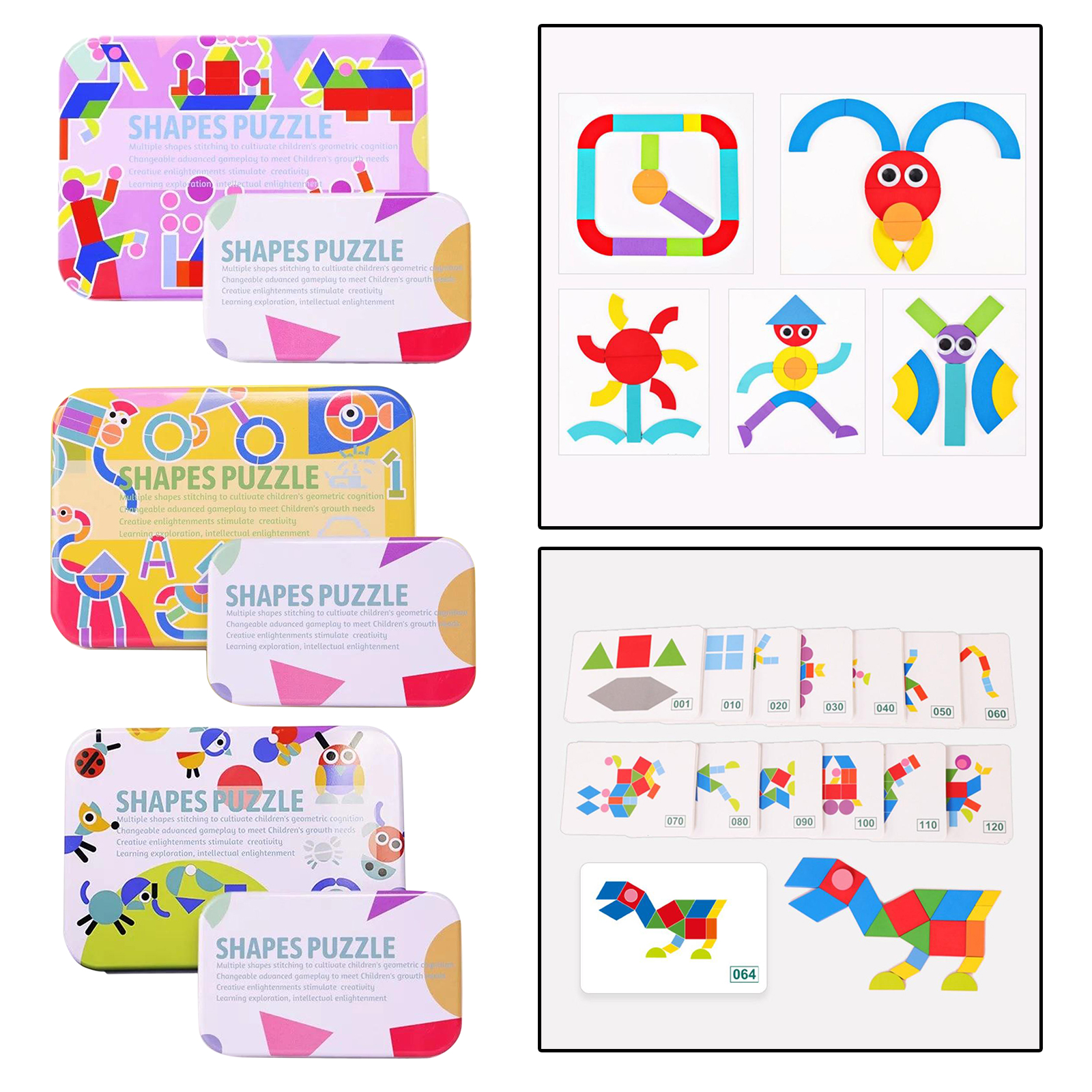Wooden Pattern Blocks Set Shape Puzzle Kindergarten Classic Educational Montessori Tangram Toys for Kids Toddlers Ages 3-8
