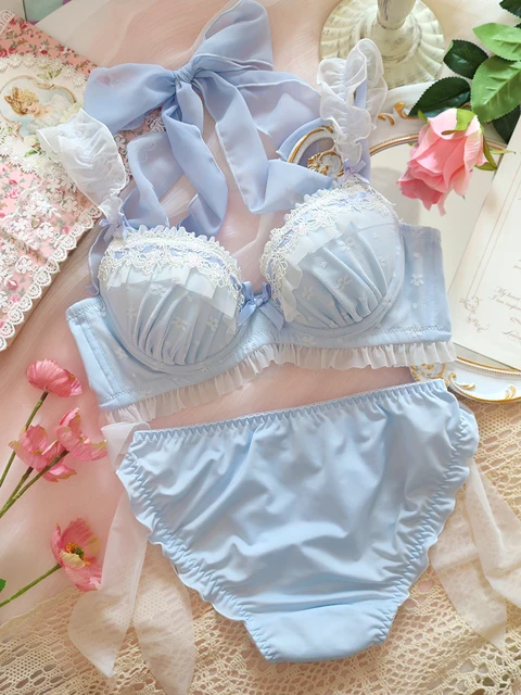 Japanese cute girls bra set fresh blue water-soluble lace sexy bralette  suit underwired bows gathered large size bra underwear