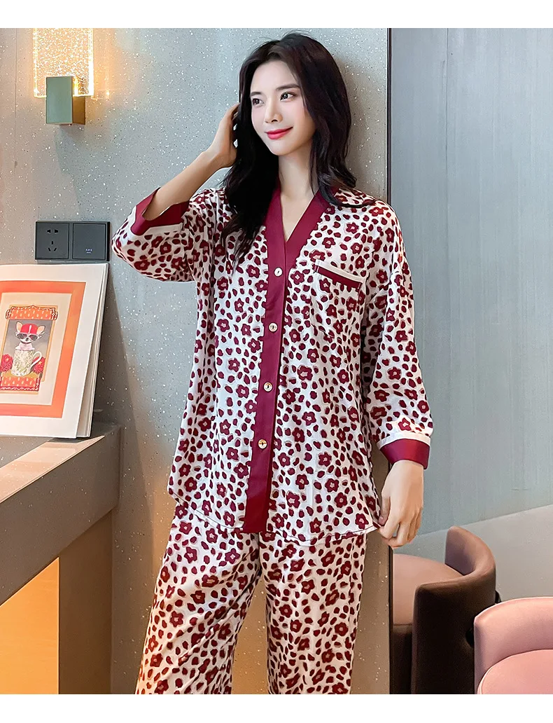 pajama sets for women New style long-sleeved trousers lapel ladies ice and snow silk pajamas leopard silk sleepwear set cotton pyjamas