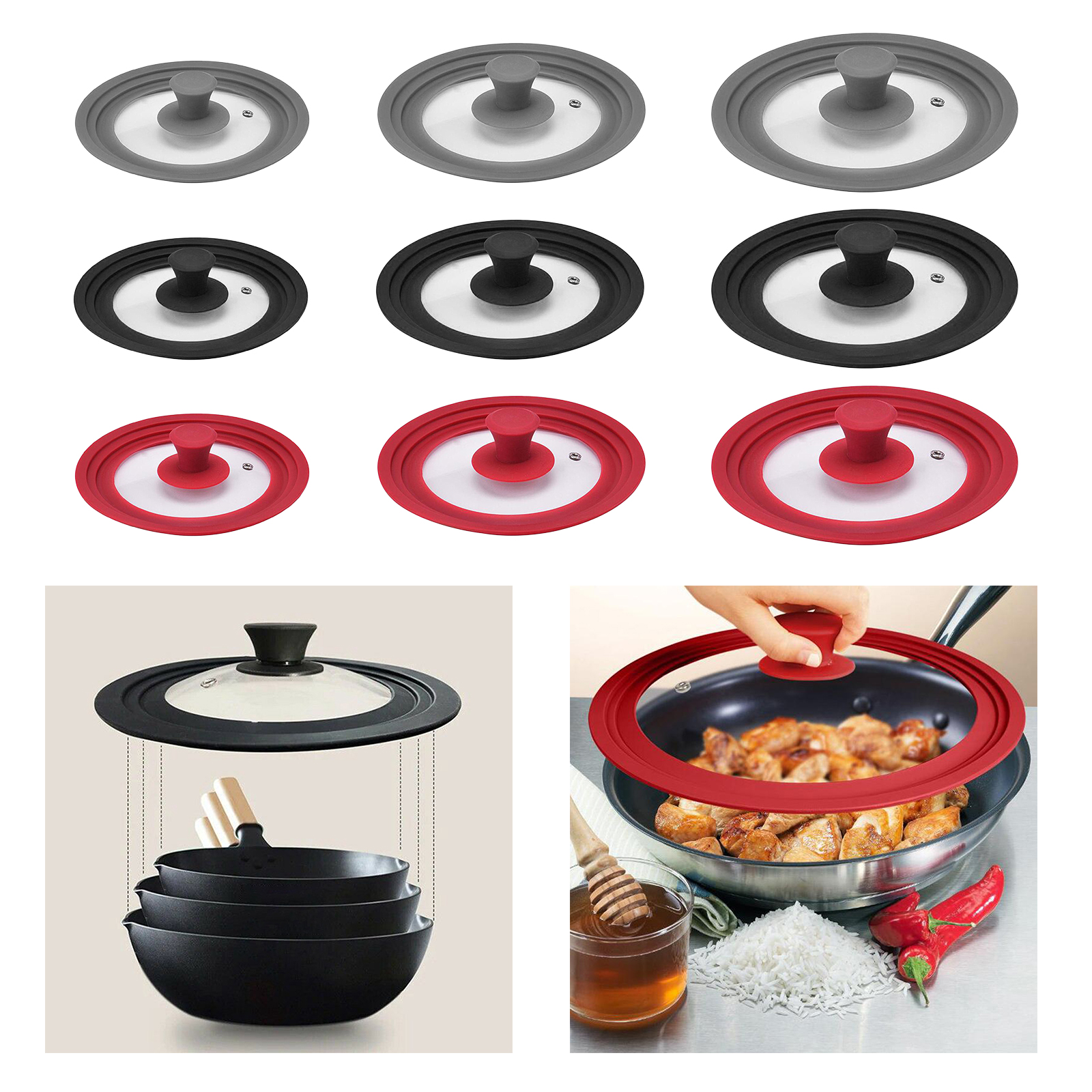 Universal Silicone Glass Lid Cover Heat-Resistant with Steam Hole for Cooking Pot Frying Pan Saucepan Round
