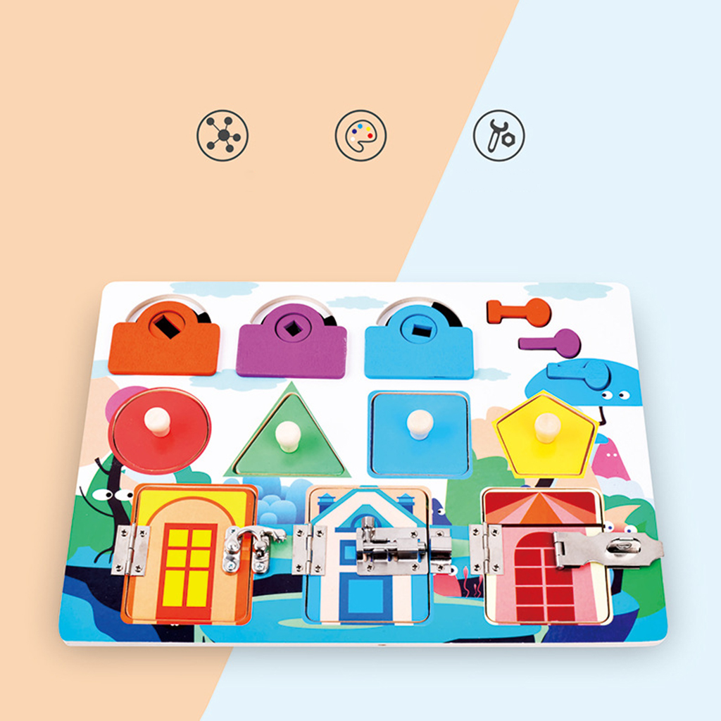 Montessori Toddler Busy Board Wooden Sensory Unlock Toys Locks Latches Board Activity Board Fine Basic Skills Travel Toy Age 3+