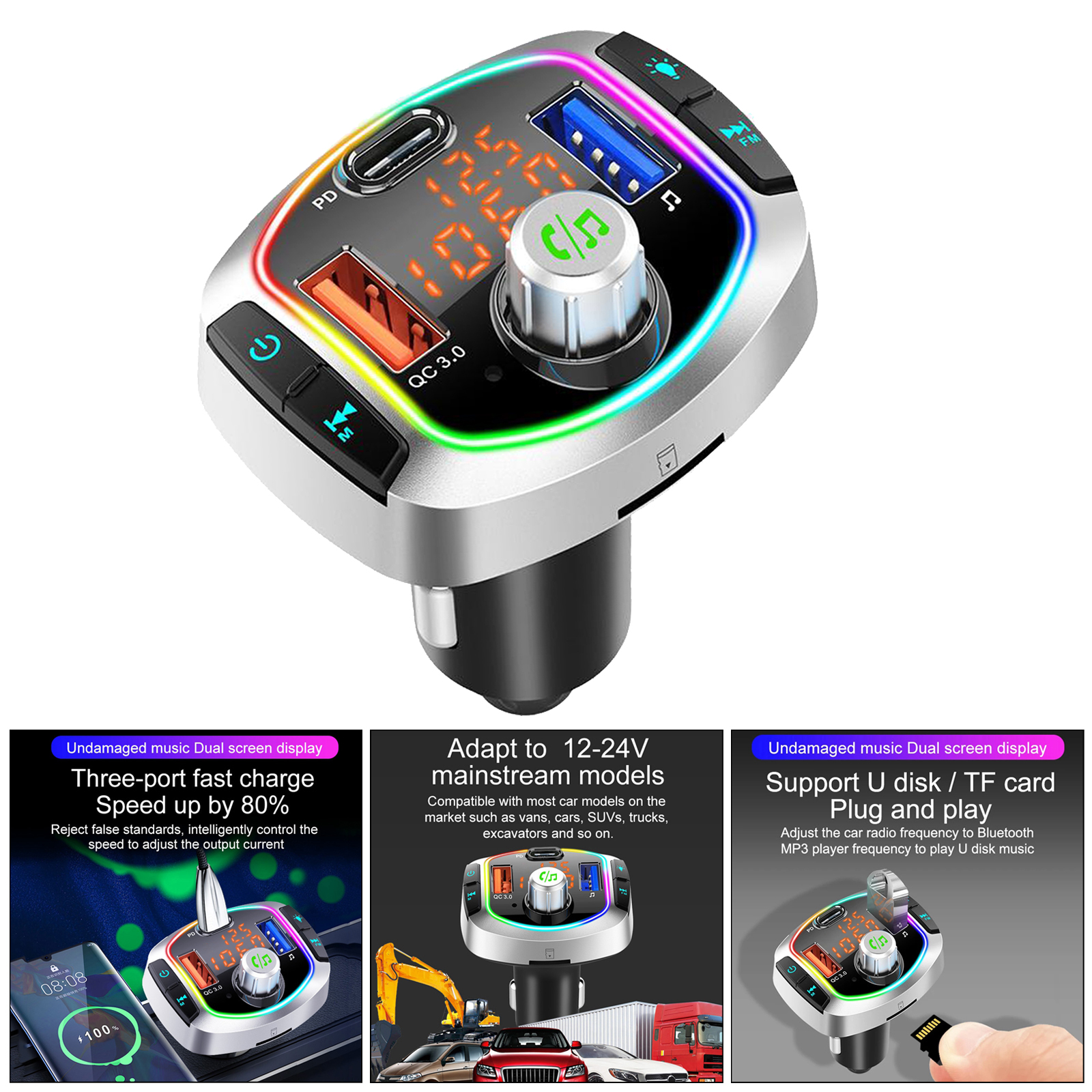 Car Bluetooth V5.0 FM Transmitter PD Fast Charge 6 RGB Color Backlit USB Drive U disk MP3 Player