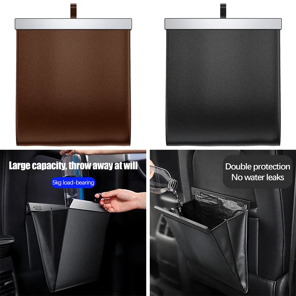Car Leather Trash Can Storage Pocket Garbage Bag Hanging Traveling Easy Install Reusable Save Space 27.5 x 26cm Leakproof Holder