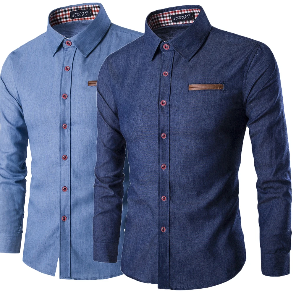 Men's Denim Shirt Solid Color Long Sleeve Slim Fit Button Down Casual Tops Male Luxury Formal Shirts Spring Fall Tops