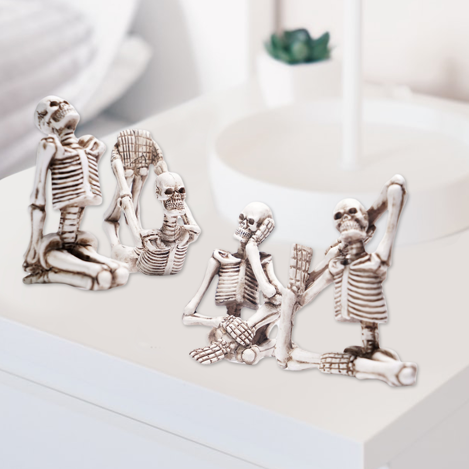Lot of 4 Skull Yoga Pose Statue Figurine Resin Yoga Skeleton Figure Set Decor (White Set)