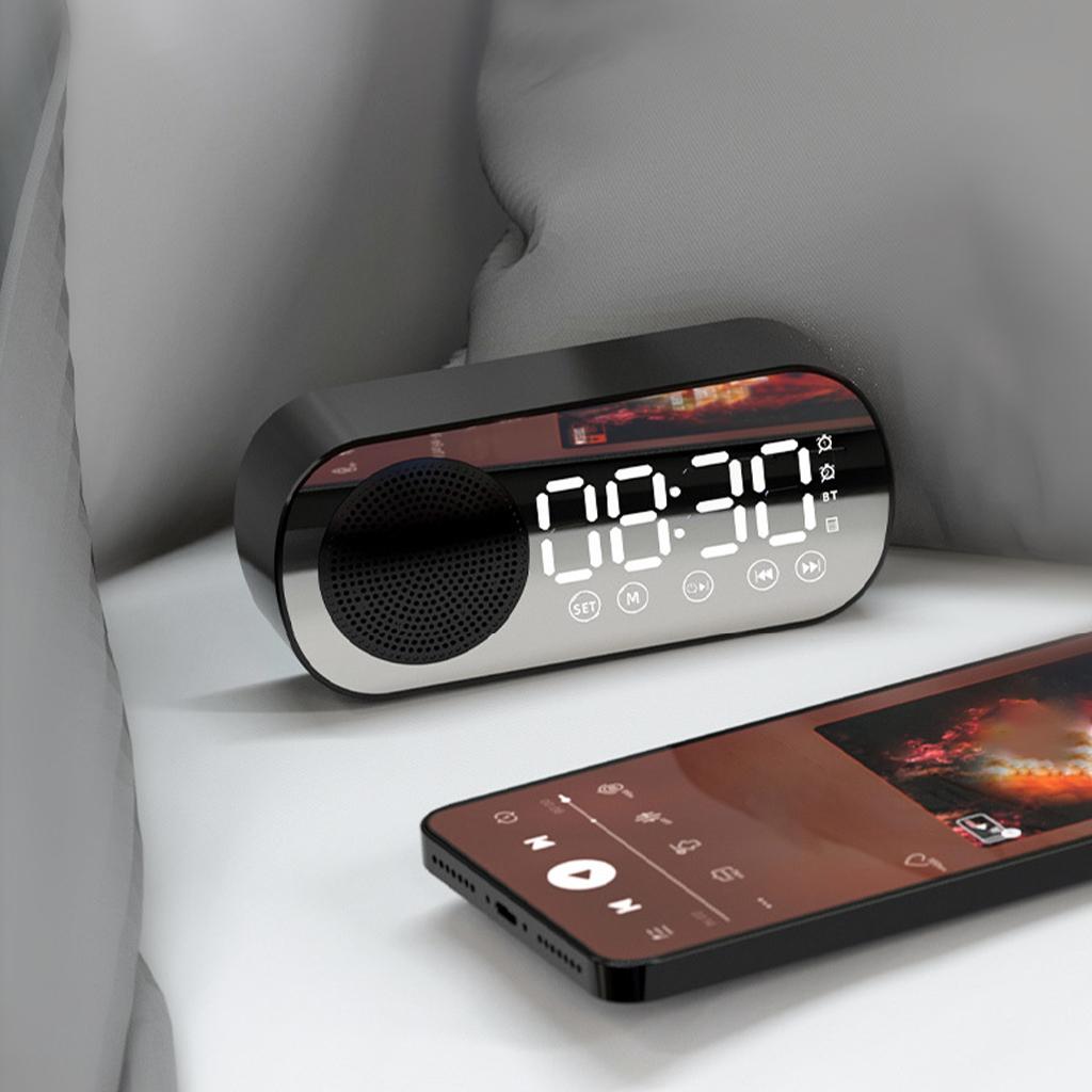 Bluetooth Speaker Alarm Clock Dual Clock HD Mirror Display Radio HiFi Sound Large LED Screen Silent for Office Travel Children