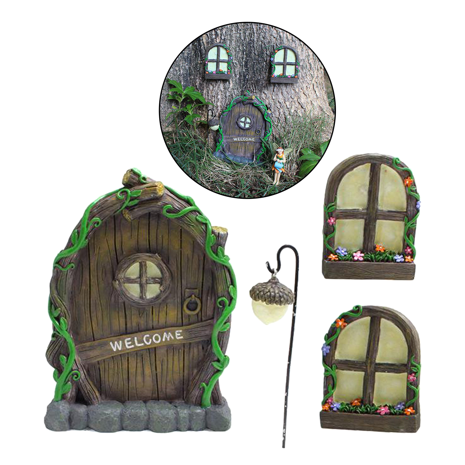 Miniature Fairy Elf Home Door and Windows, Cute Tree Decor Art Decorations, Window Can Glow in the Dark