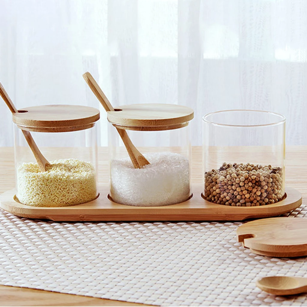 Kitchen Spice Storage Glass Jars Canister Set with Lids, Base Tray & Spoon, Salt Pepper Pots Coffee Organizer Bottle