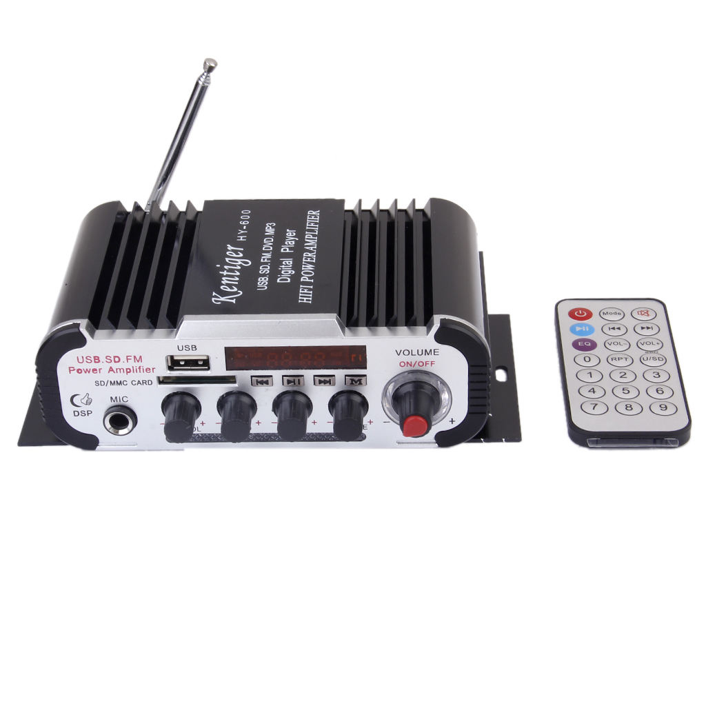 12V HY-600 2CH Mini Stereo Microphone Power Amplifier 20Wx2 USB SD FM Black