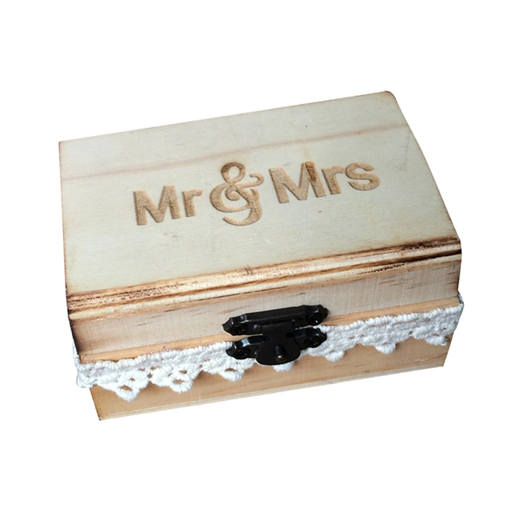 Vintage Mr & Mrs Wooden Ring Box with Cotton Lace Ring Holder Case Wedding Party Ring Bearer Box Gift