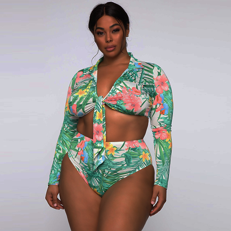 Maiô de Duas Peças de Banho Tamanho Grande Feminino Folha Impressão Monokini Cintura Alta Maiô 2021 Verão Manga Longa Beachwear S-5xl 14 High Quality Moda Feminina