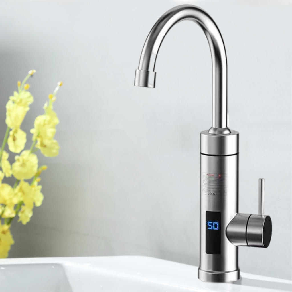 Stainless Steel Electric Tankless Water Heater Heating Tap LED Digital Display Hot/Cold 3000W Hot Water Faucet 360° for Kitchen