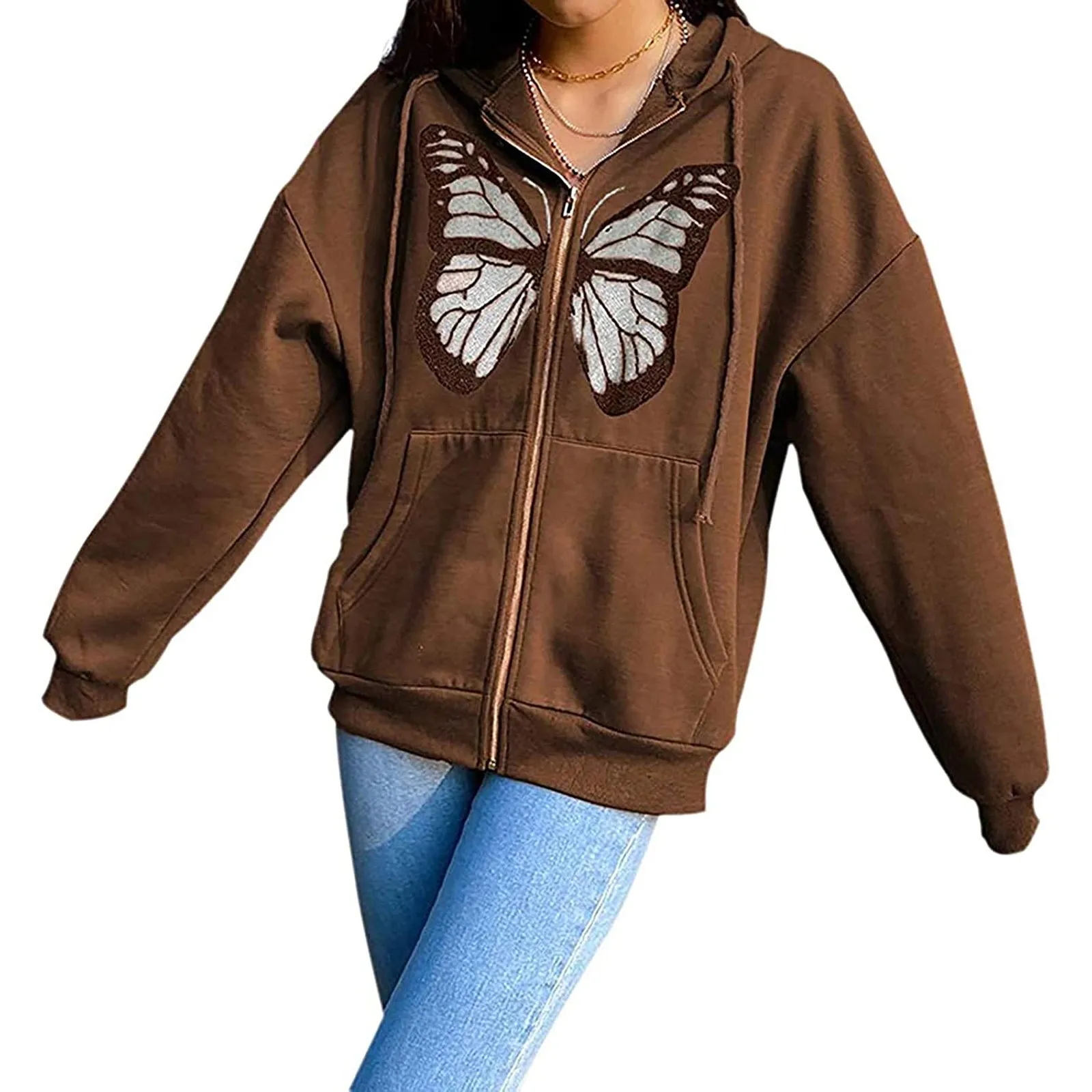 Y2K Oversized Hoodies Butterfly Graphic Zip Up Hooded Sweatshirt 