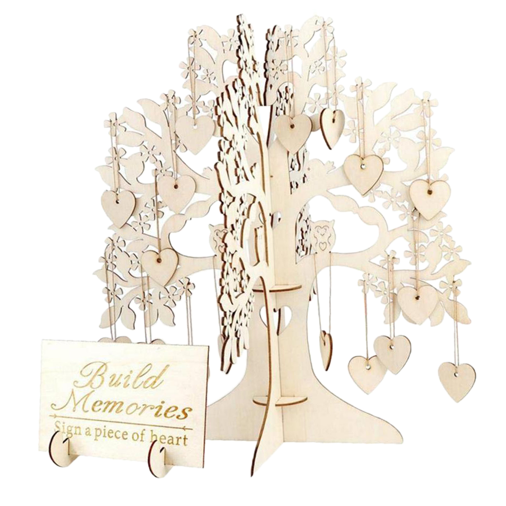 Wooden Wedding Guest Sign Book DIY Wishing Tree Wedding Party Supplies, 1pc Wishing Tree+100x Love Heart Shaped Cards and Ropes