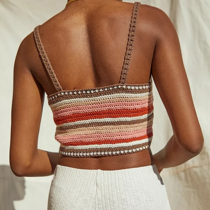 Colorful Striped Knitted Cami Top 90s Vintage Summer Beach Boho Sexy Sleeveless Spaghetti Strap Top Crop Women Y2K Aesthetic half camisole