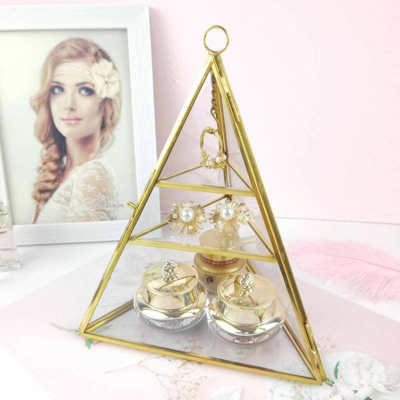 3 Tiers Clear Pyramid Glass Mirrored Jewelry Trinket Box Necklace Bracelets