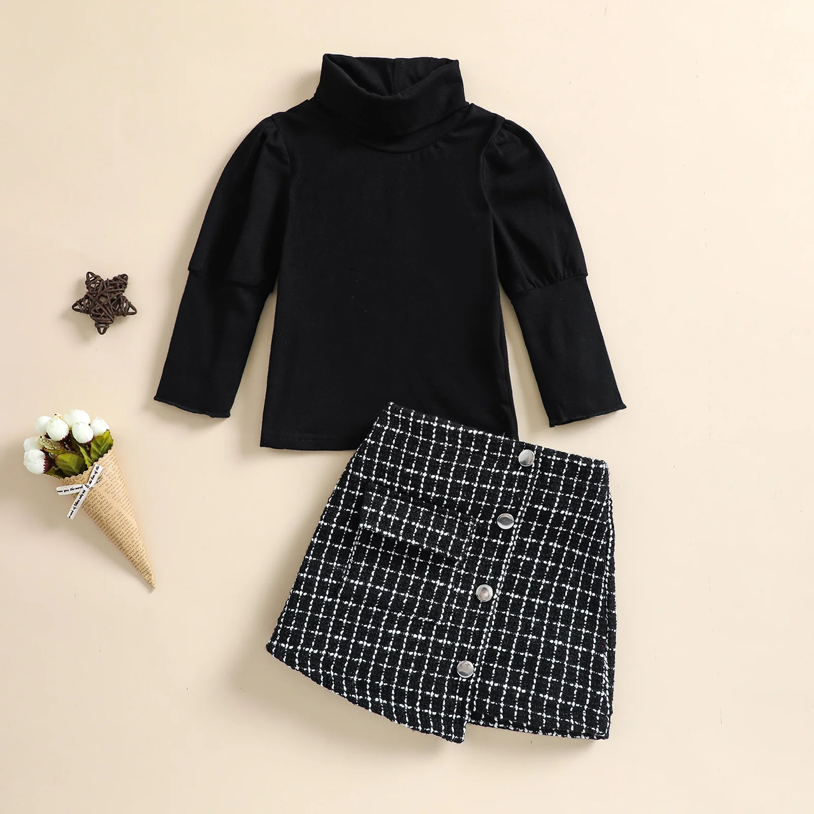 Toddler Baby Girls 2Pcs Fashion Outfits Half Plaid Dress Tops Set Long Sleeve Knitted Pullover + Side Pockets Irregular Skirt baby clothes mini set