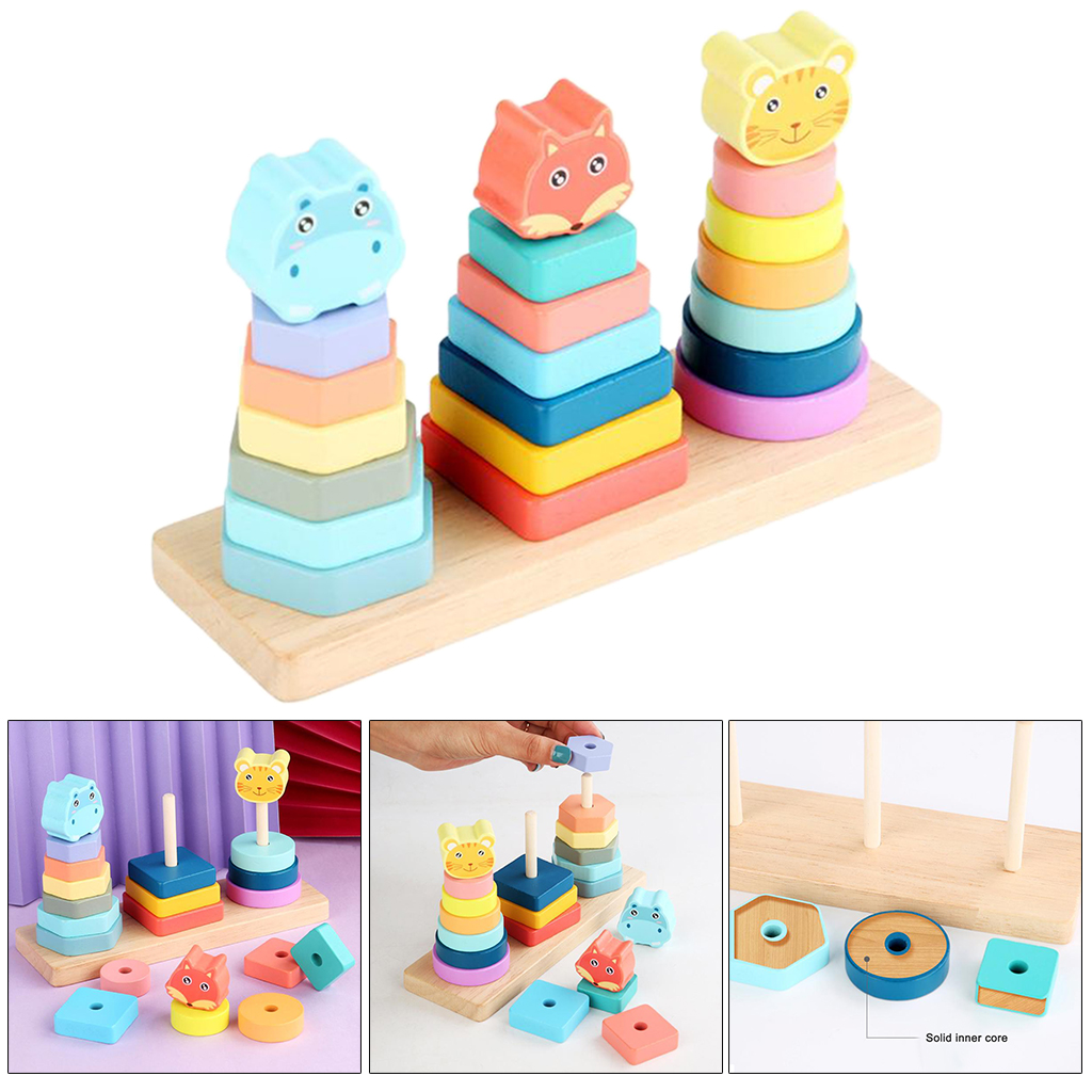 Kids Wood Stacking Geometric Blocks Set   Early Learning Toys Puzzle