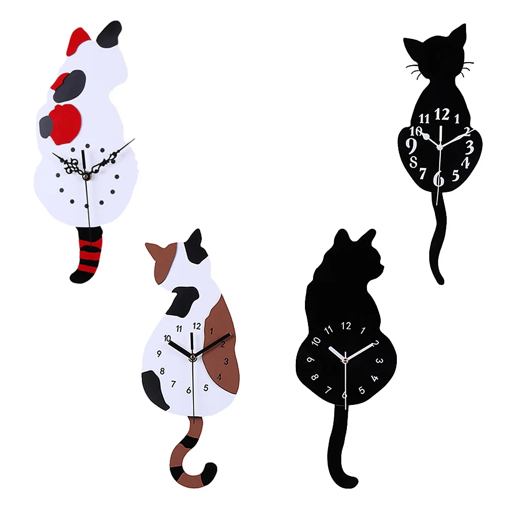 Modern Design Silent Cat Wall Clock Tail Wagging Pendulum Clocks Battery Operated for Kitchen Office Living Room Bedroom Decor