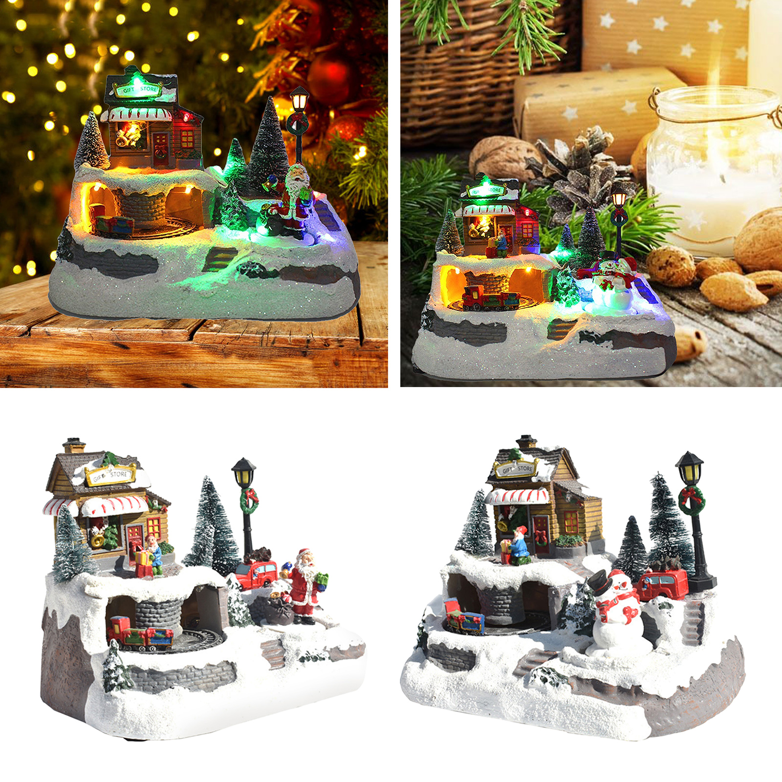 Christmas Snow Town Ornaments Dollhouse Figurine House Resin Fairy Garden Cabin LED Arts Villa for Table Home Desktop