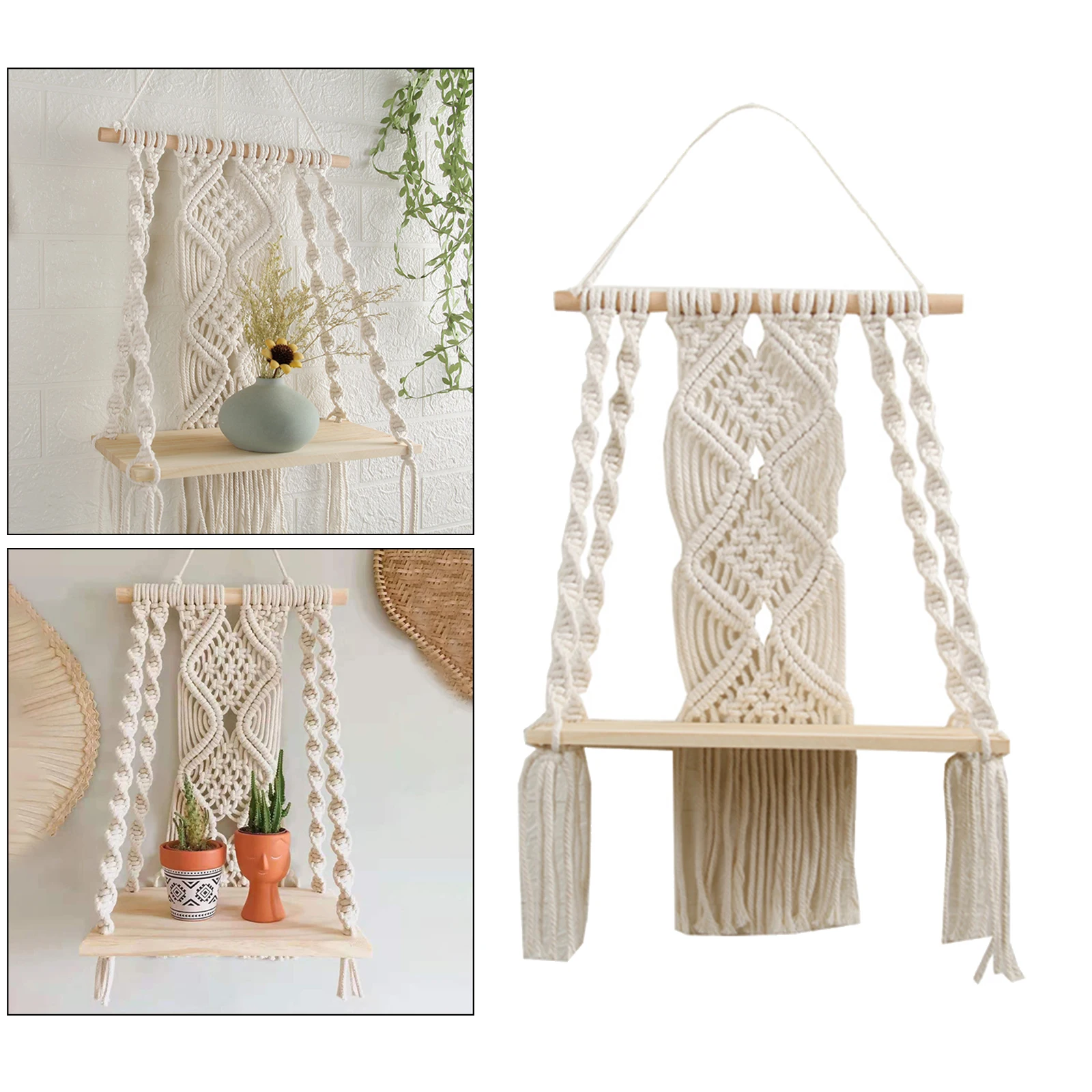 Hand-Woven Macrame Tapestries Rack Shelf Rustic Wooden Farmhouse ing Decorative Shelves Wall ing Shelves Ornament