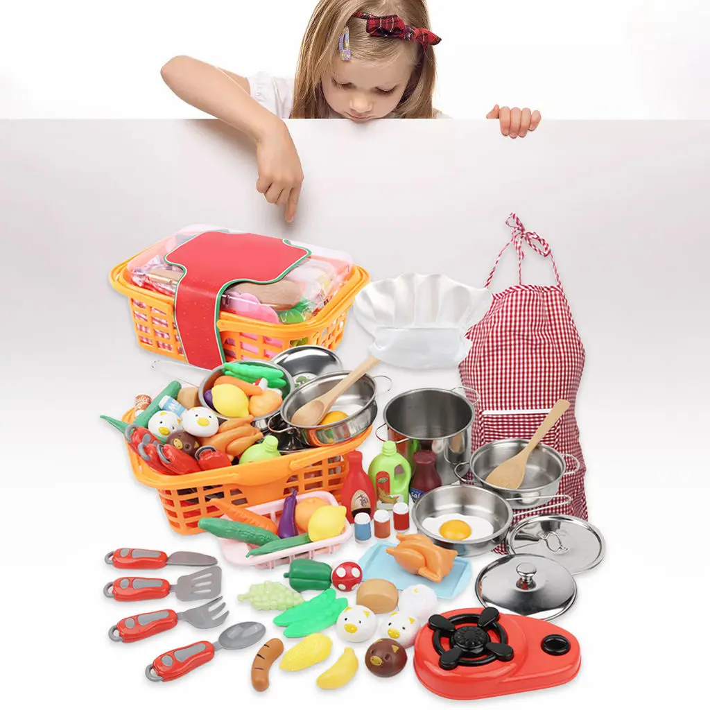 42 Pieces Pretend Play Food And Kitchen Set, Cooking Game with Mini Stainless