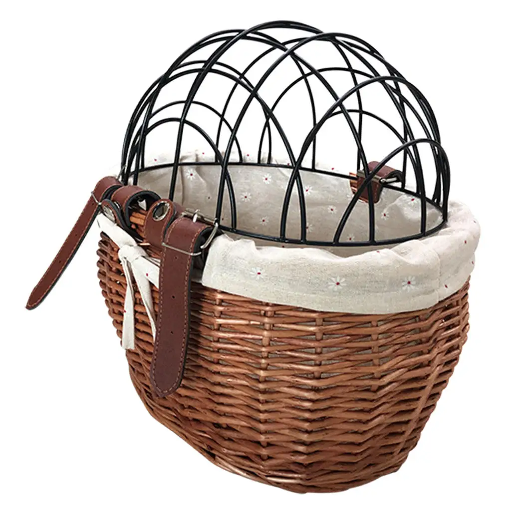 Bike Basket Wicker Hand-Woven with Leather Straps Bicycle Handlebar Basket Shopping Basket