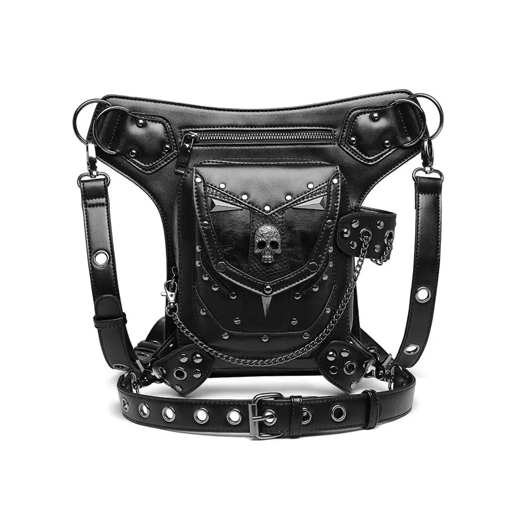 PU Leather Shoulder Bag, Vintage Steampunk Punk Skull Handbag, Waist Packs Bag, Gothic Leg Bag, Black