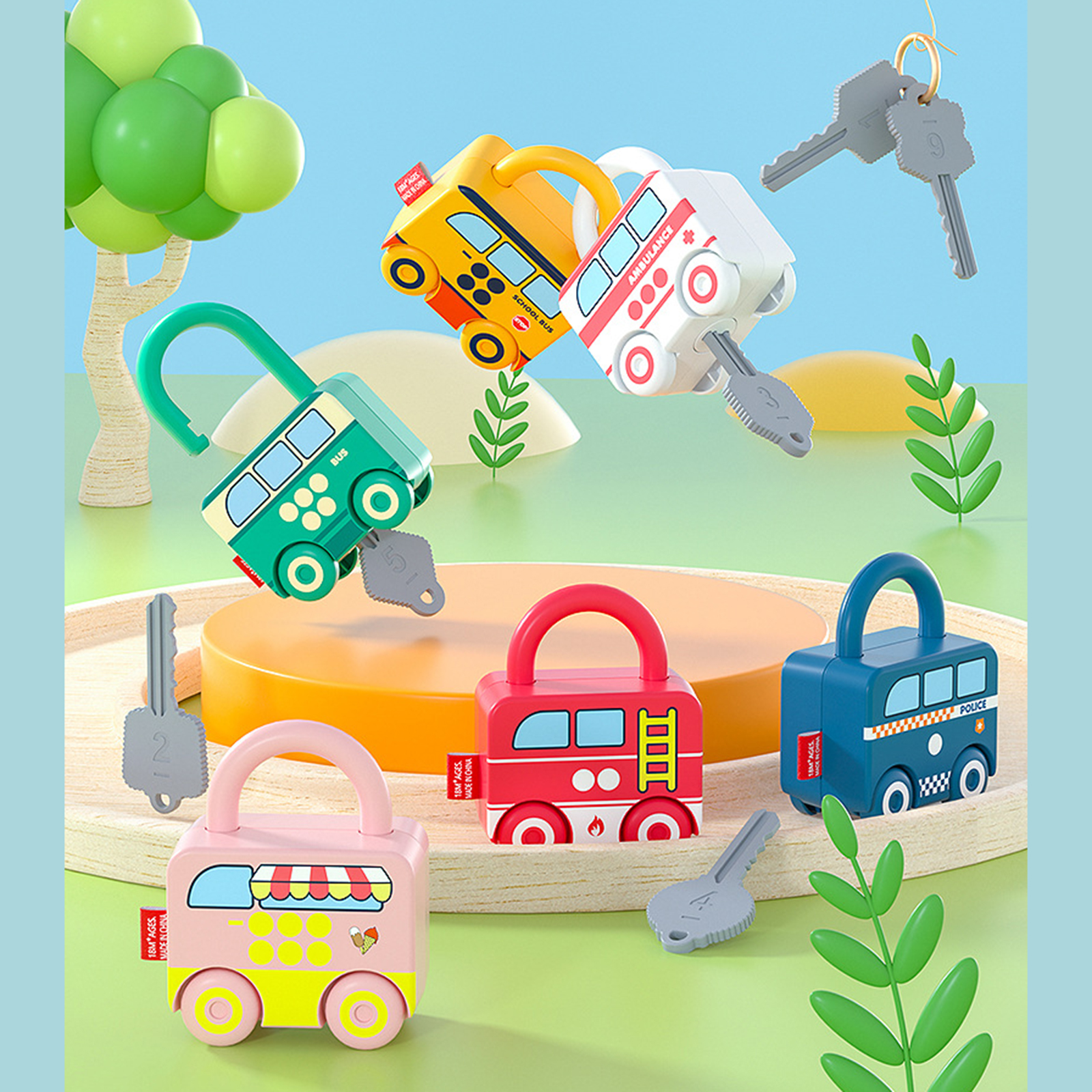 Cartoon Bus Unlocking Paired Toys, Digital Car Locks Keys Matching Educational Set Intelligence Kits for Preschool Children