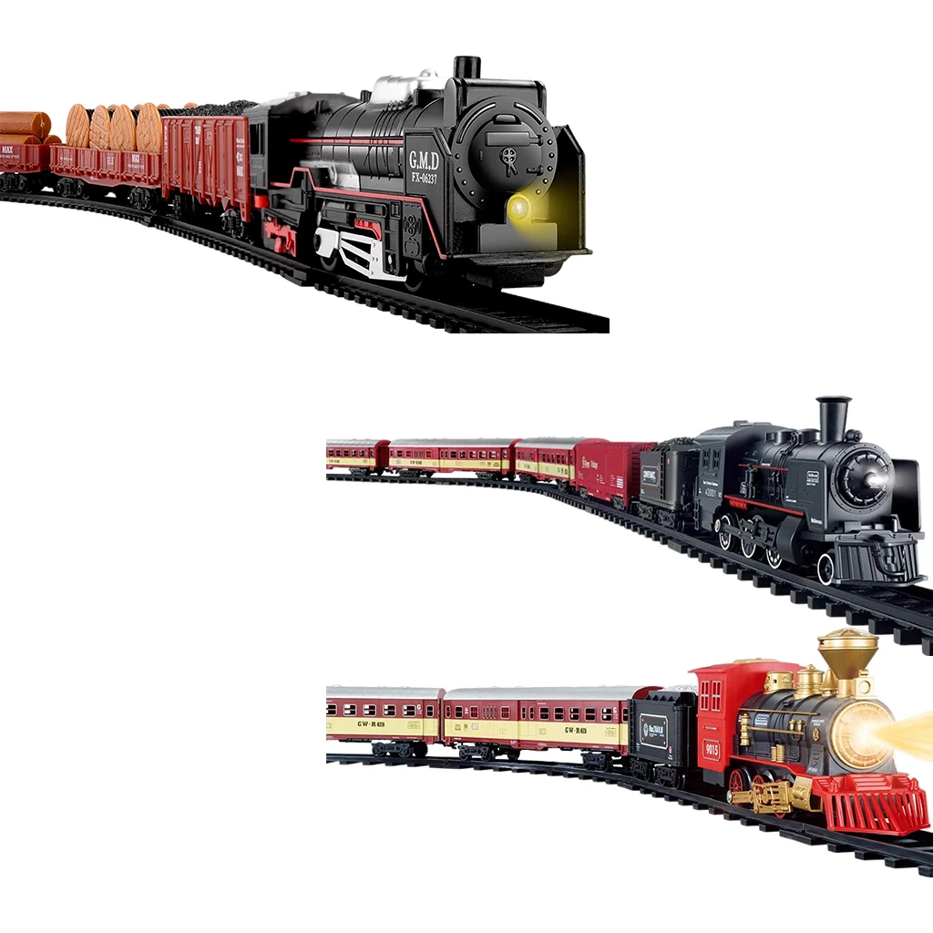 Kids Electric Train Set Steam Engine Smoke Lights Music 3 Cars Locomotive Tracks