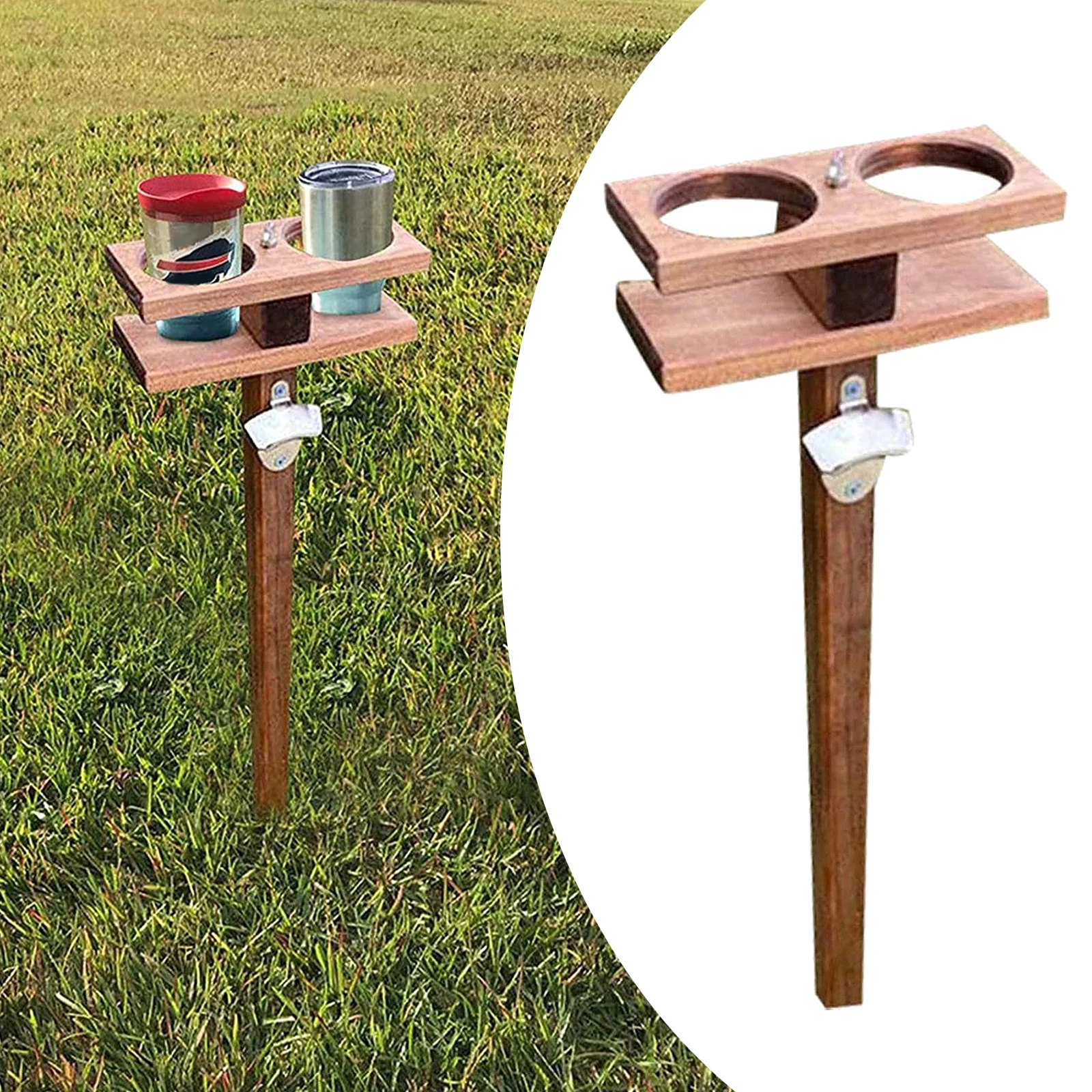 Portable Folding Wooden Outdoor Wines Table, Compact BBQ Beach Beer Bottles